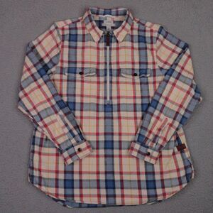 LL Bean Shirt Womens Medium Relaxed Fit Scotch Plaid Flannel Quarter Zip 517557